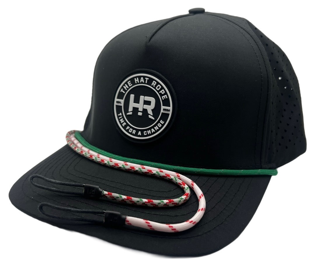 Rope Hat white-red striped, green reflective, and solid Christmas design, made of nylon.