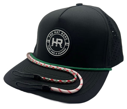 Rope Hat  white-red striped, green reflective, and solid Christmas design, made of nylon.